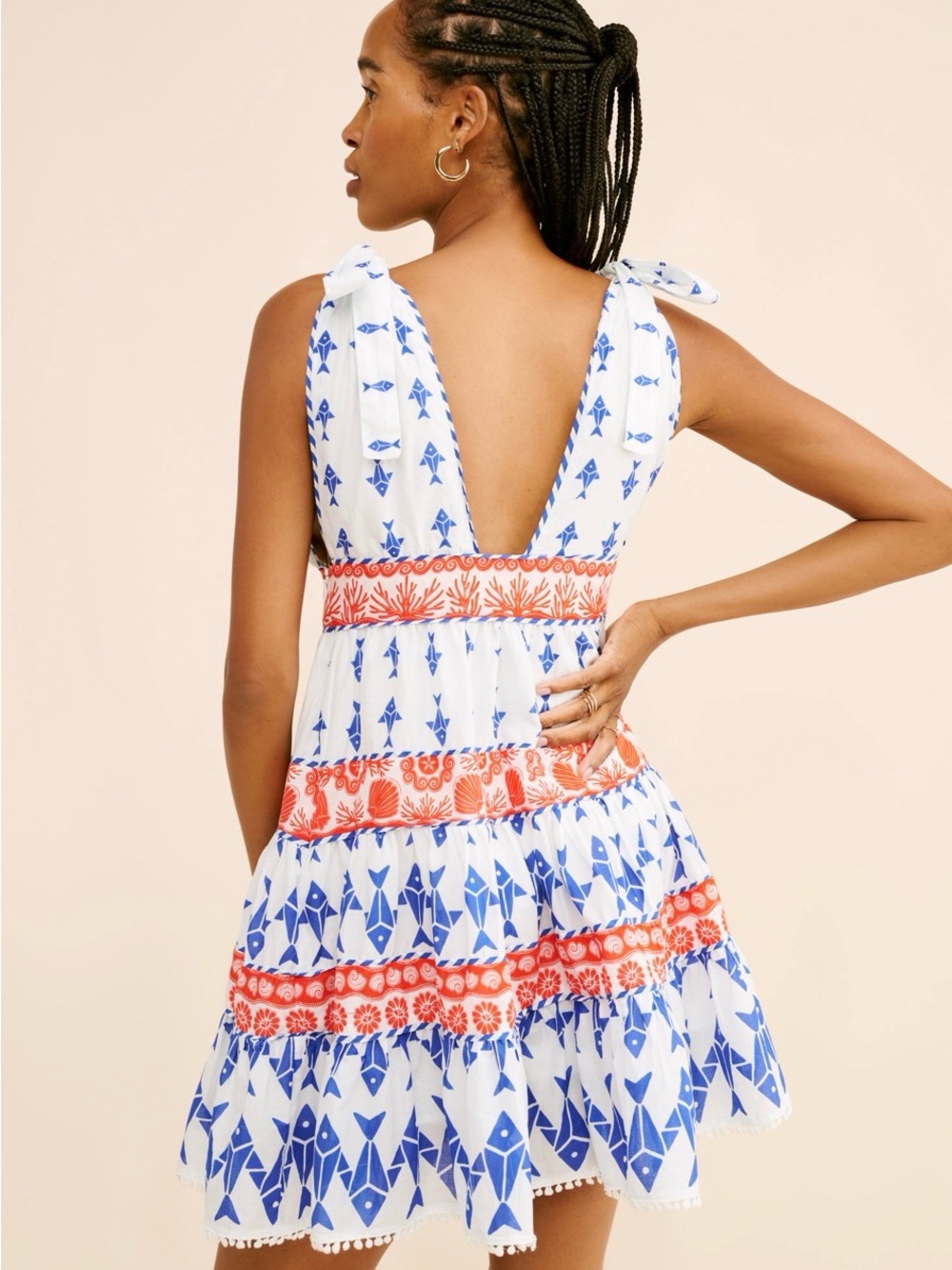 FARM Rio White Mini Dress with Blue Geometric and Red Coral Trim - Picture 3 of 5